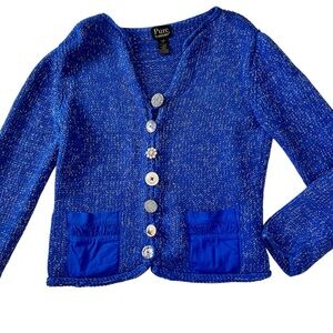 Pure Handknit Blue Metallic Button Front Cardigan Sweater S/M